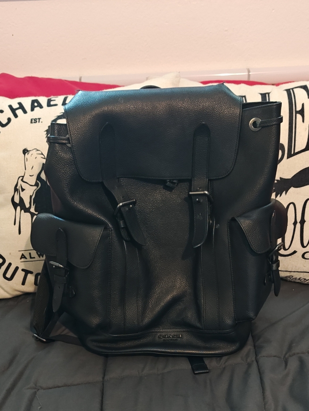 Authentic Coach Black Pebbled Leather Buckle Backpack